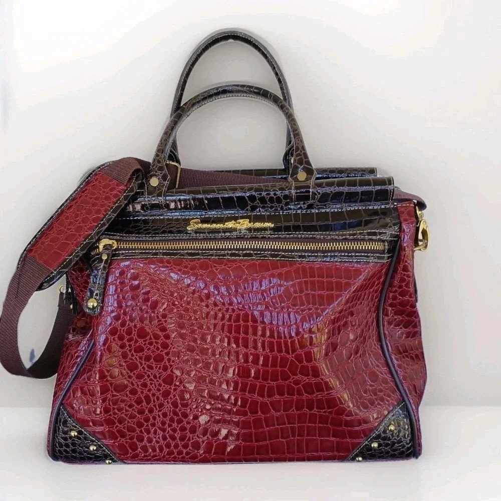 Samantha Brown Burgundy Black Croco Embossed Satchel Travel Bag Shoe Compartment